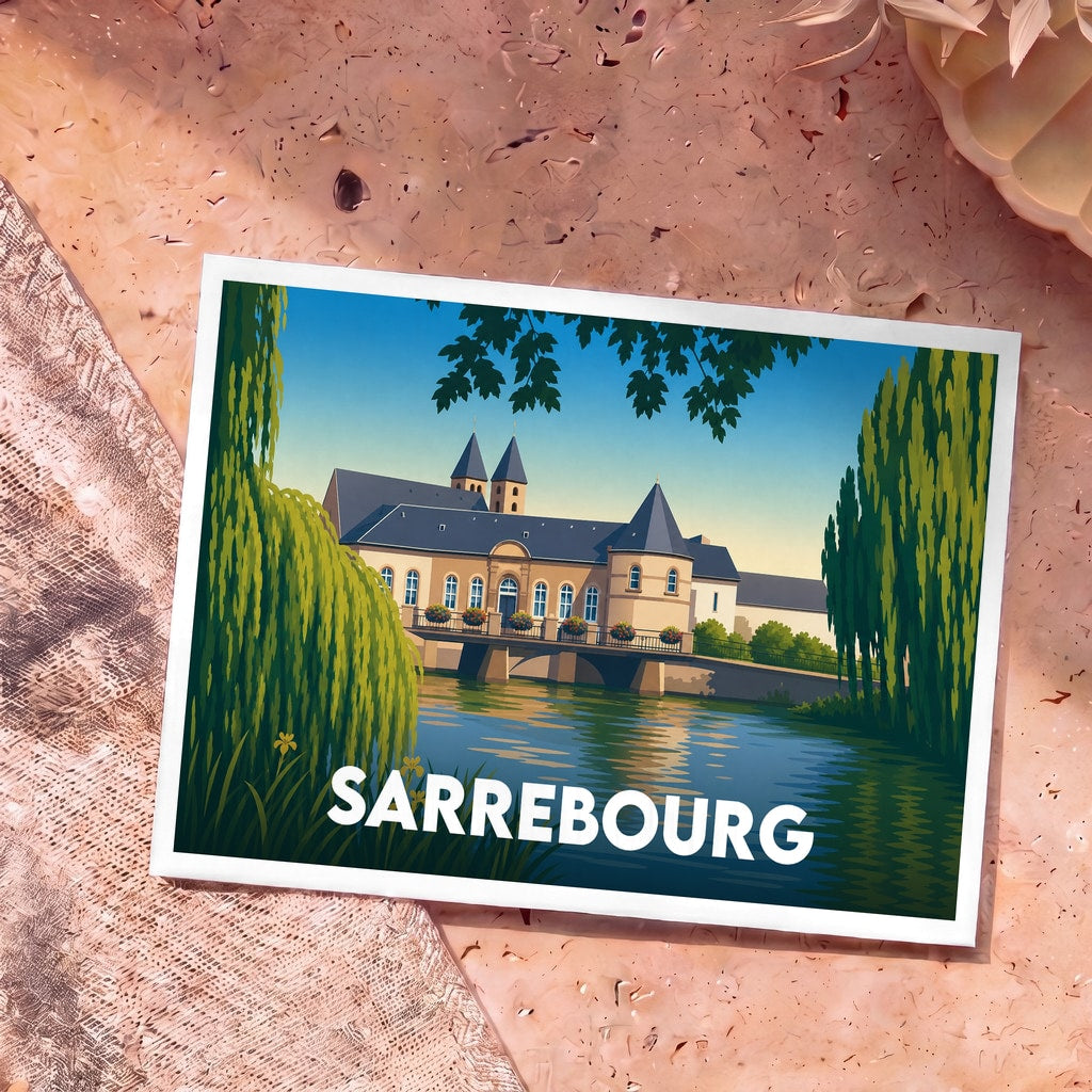 Carte postale souvenir de la ville de Sarrebourg avec une illustration stylisée.