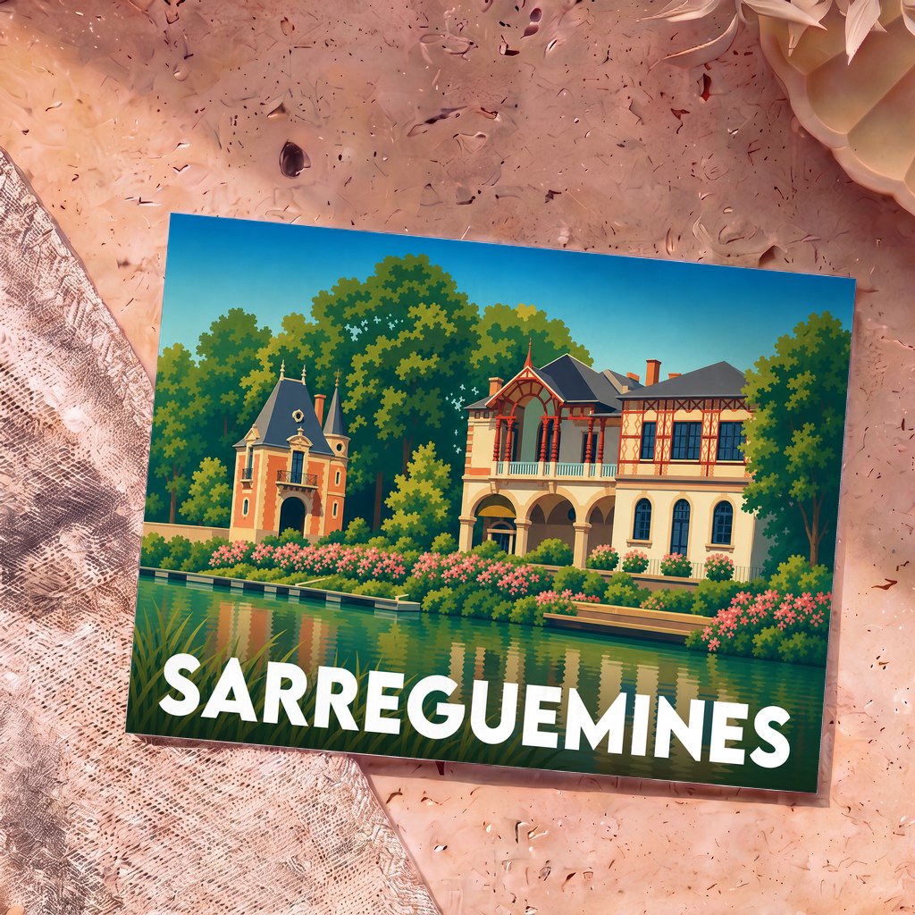 Carte postale souvenir de la ville de Sarreguemines illustrant le Moulin de la Blies dans un style rétro et coloré.