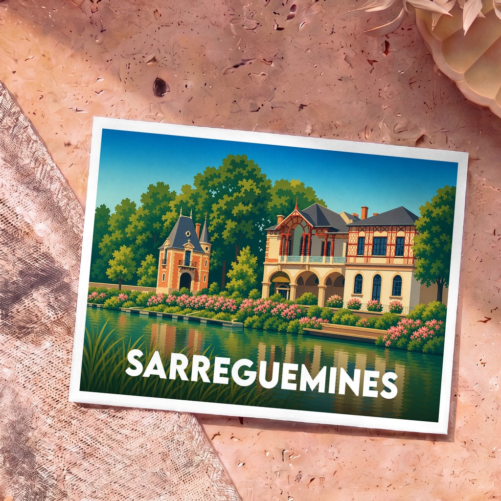 Carte postale souvenir de la ville de Sarreguemines illustrant le Moulin de la Blies dans un style rétro et coloré.