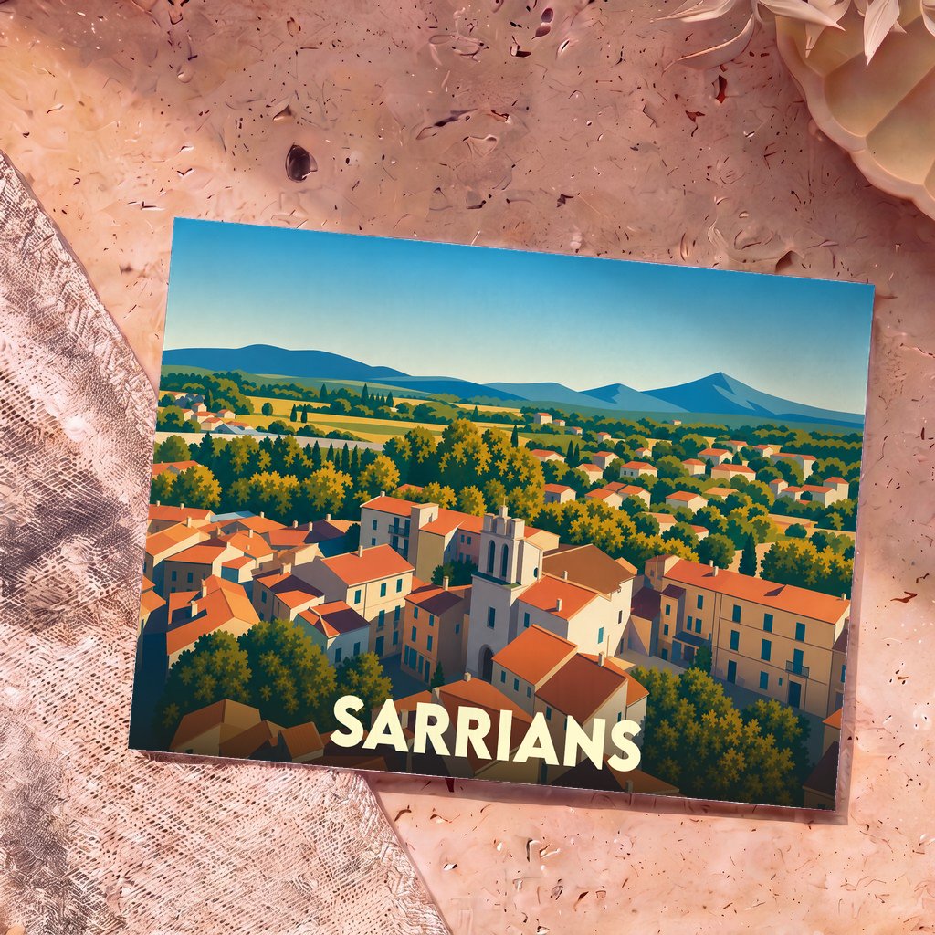 Carte postale souvenir de la ville de Sarrians avec une illustration stylisée d'un panorama urbain et paysager.