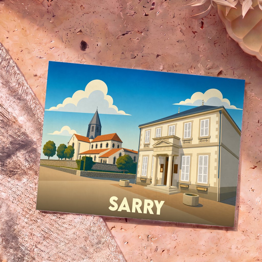 Carte postale souvenir de la ville de Sarry avec une illustration stylisée de son église et de sa mairie.