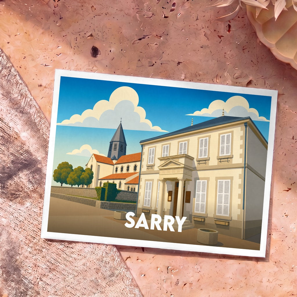 Carte postale souvenir de la ville de Sarry avec une illustration stylisée de son église et de sa mairie.