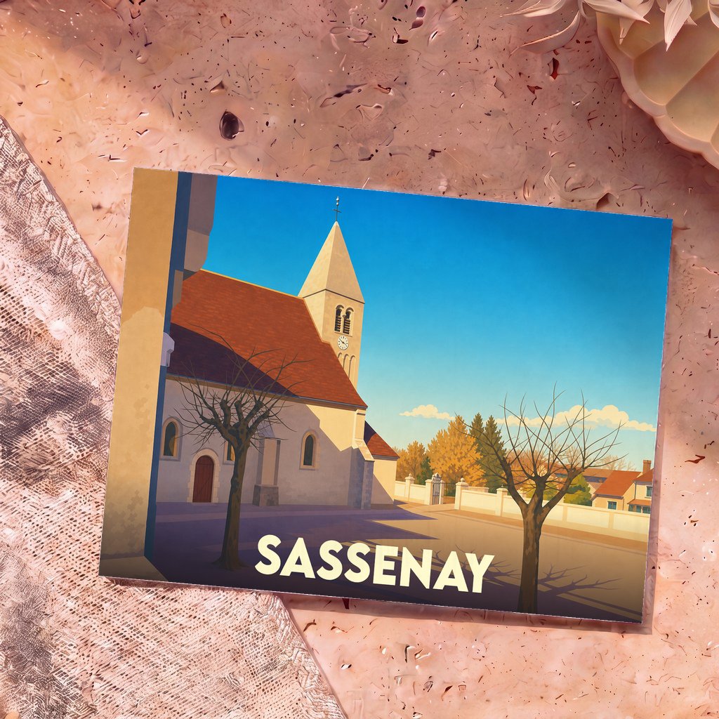 Carte postale souvenir de la ville de Sassenay avec une illustration stylisée de son église sous un ciel bleu.