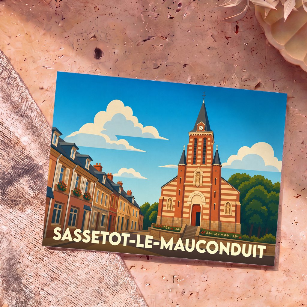Carte postale souvenir de Sassetot-le-Mauconduit illustrant son église et ses maisons dans un style graphique épuré.