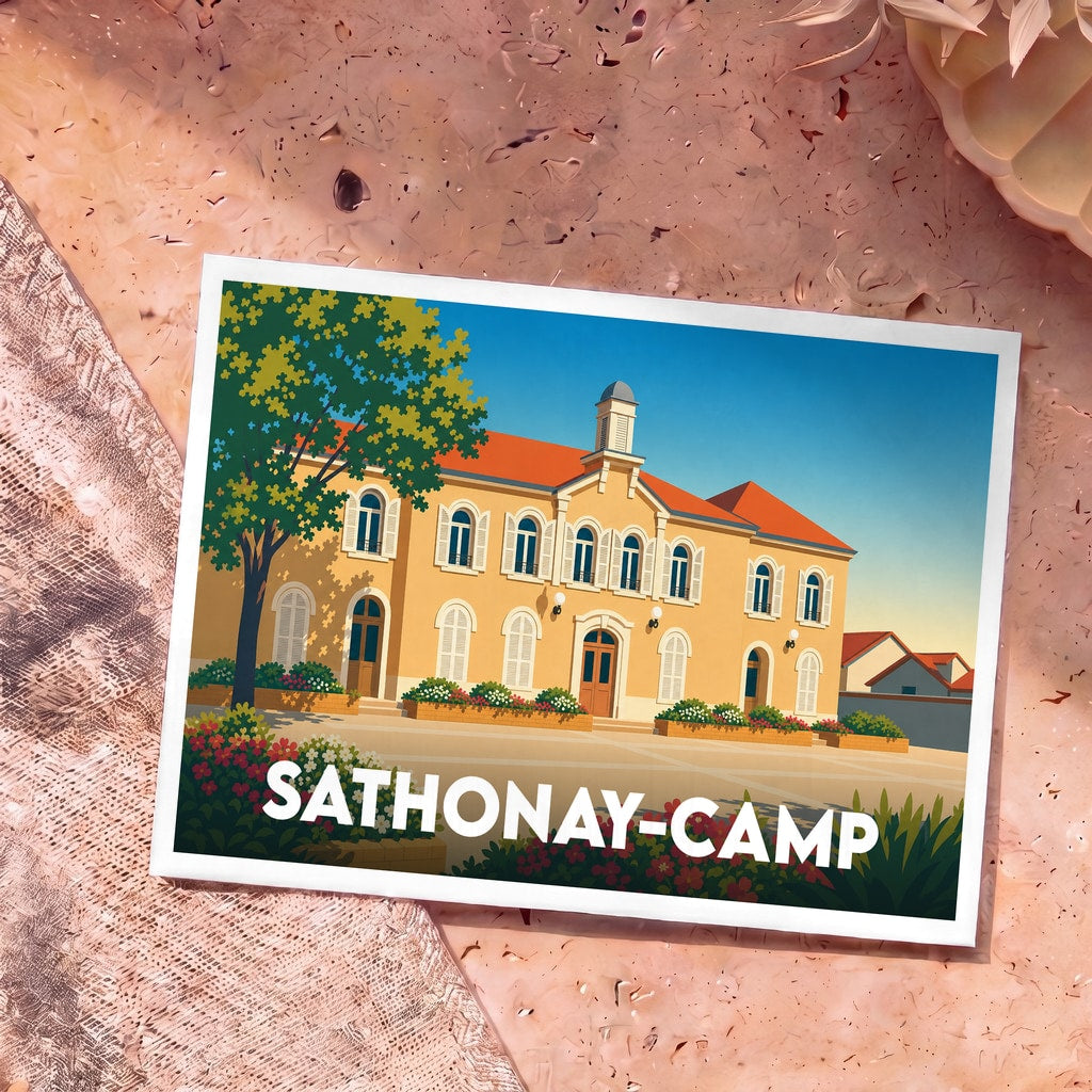 Carte postale souvenir de la ville de Sathonay-Camp illustrant sa mairie dans un style graphique et coloré.