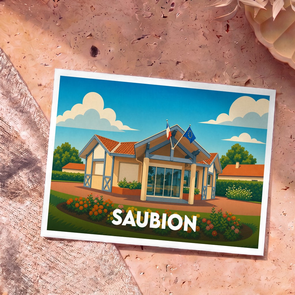 Carte postale souvenir de la ville de Saubion avec une illustration colorée de la mairie.
