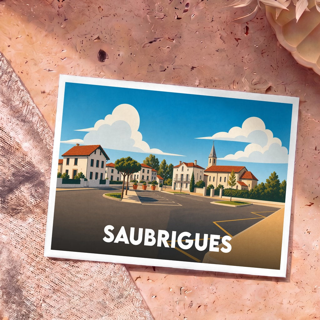 Carte postale souvenir de la ville de Saubrigues avec une illustration stylisée de son centre-bourg.