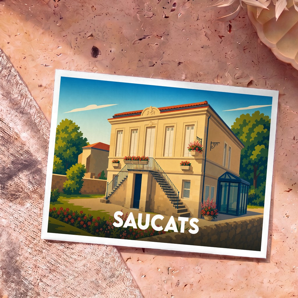 Carte postale souvenir de la ville de Saucats avec une illustration stylisée d'une maison traditionnelle girondine.