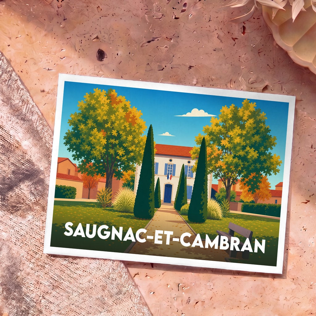 Carte postale souvenir de la ville de Saugnac-et-Cambran avec une illustration stylisée d'une demeure landaise.