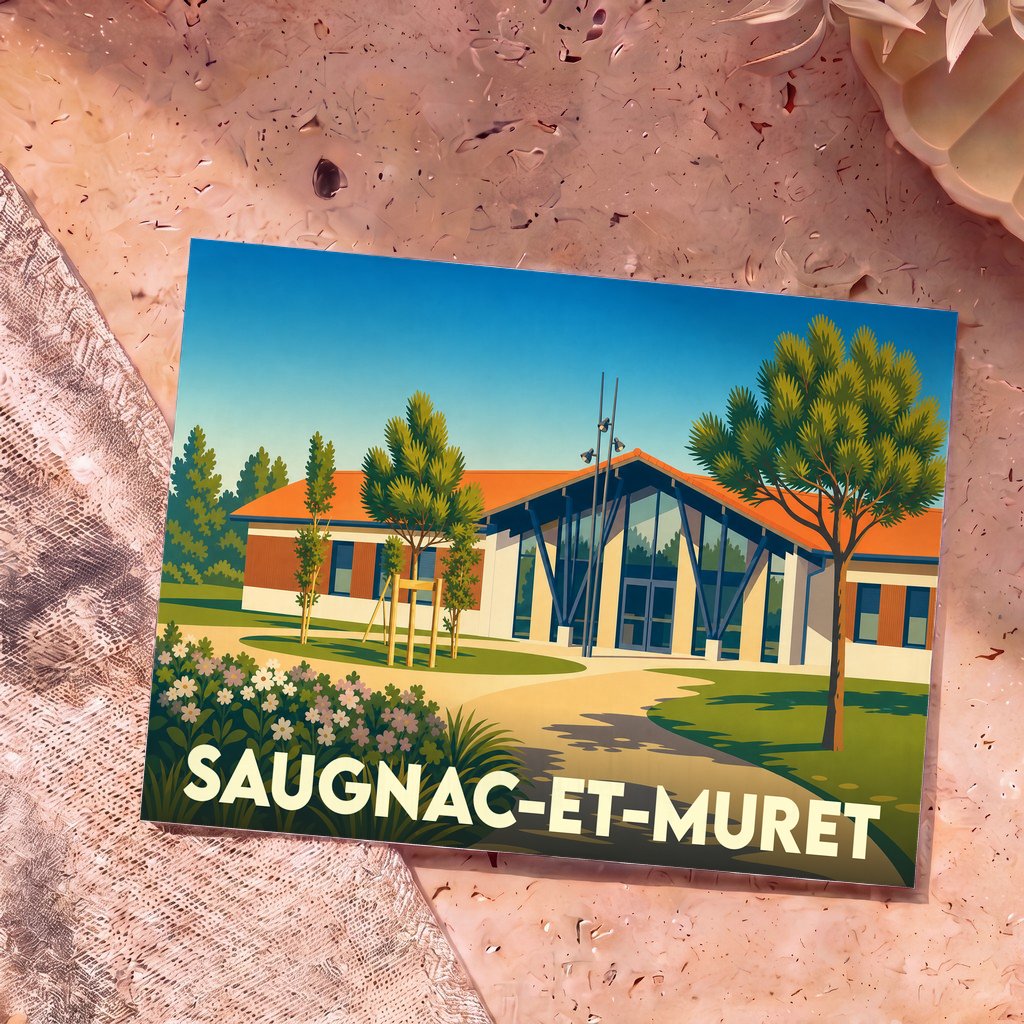 Carte postale souvenir de la ville de Saugnac-et-Muret avec une illustration stylisée de son architecture locale.