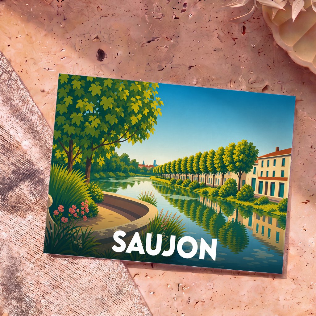 Carte postale souvenir de la ville de Saujon avec une illustration stylisée d'un canal bordé d'arbres et de maisons.
