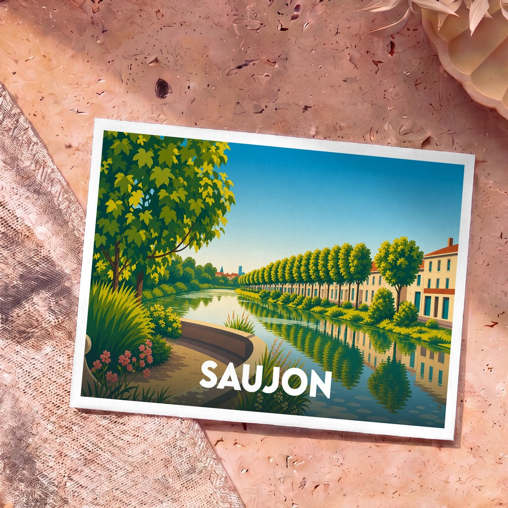Carte postale souvenir de la ville de Saujon avec une illustration stylisée d'un canal bordé d'arbres et de maisons.