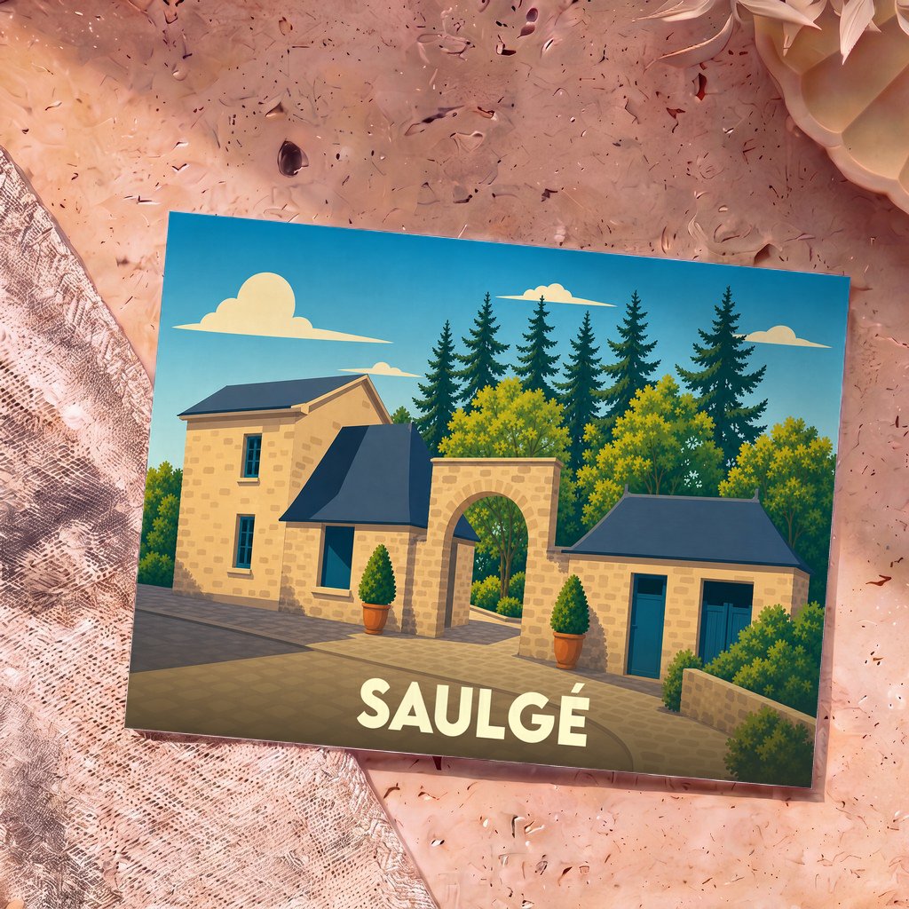 Carte postale souvenir de la ville de Saulgé avec une illustration stylisée de son église.