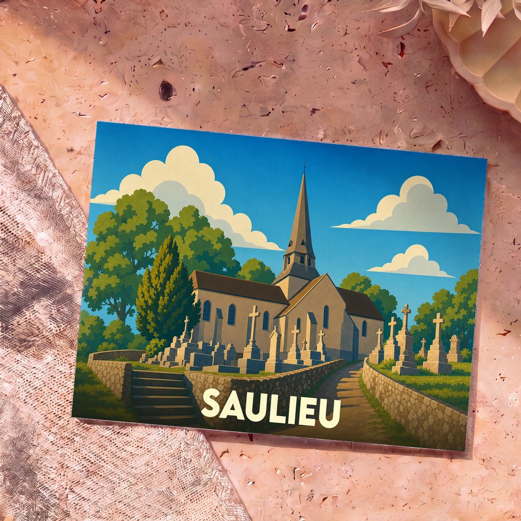 Carte postale souvenir de la ville de Saulieu avec une illustration stylisée de son église et de son cimetière.