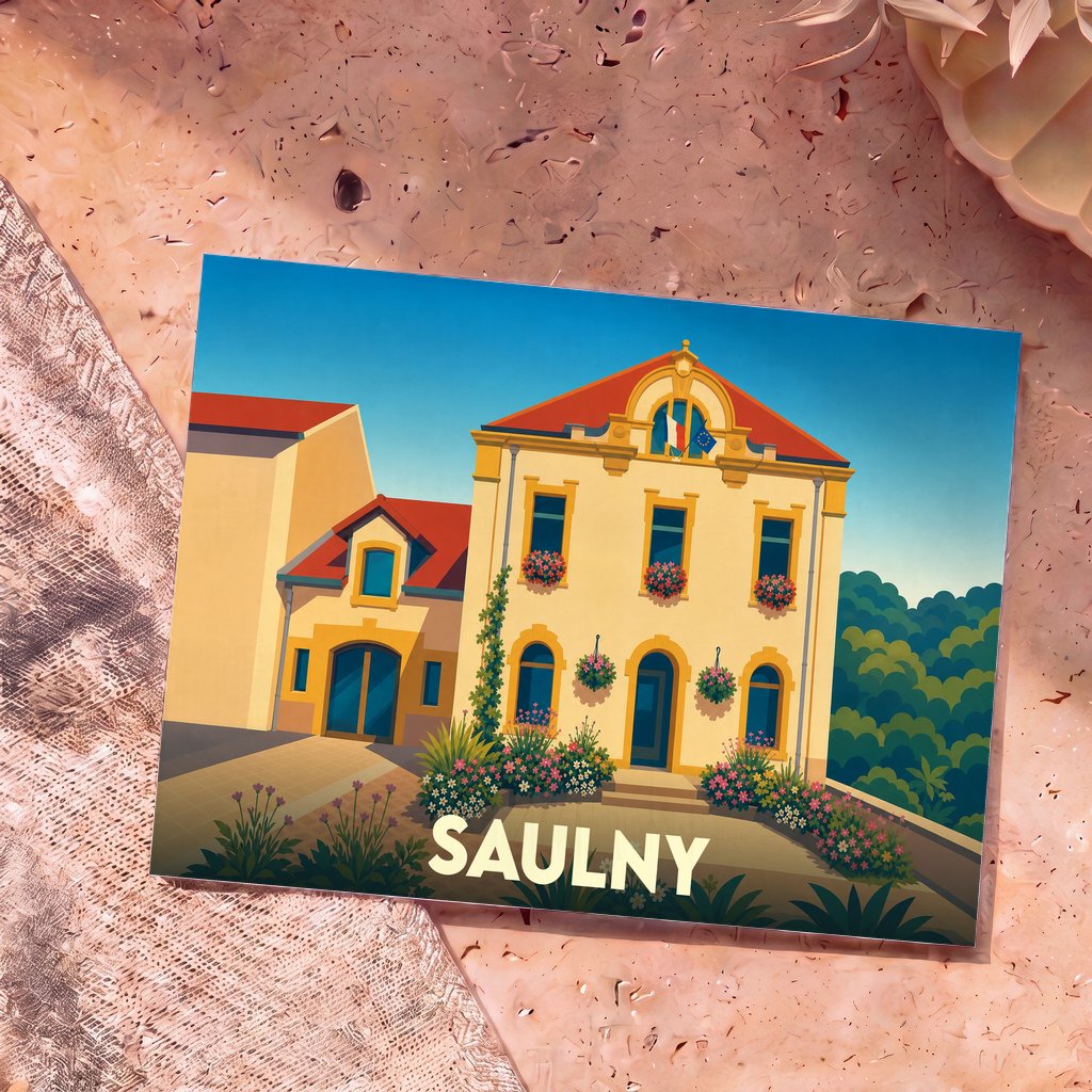 Carte postale souvenir de la ville de Saulny présentant une illustration stylisée et colorée de la mairie.