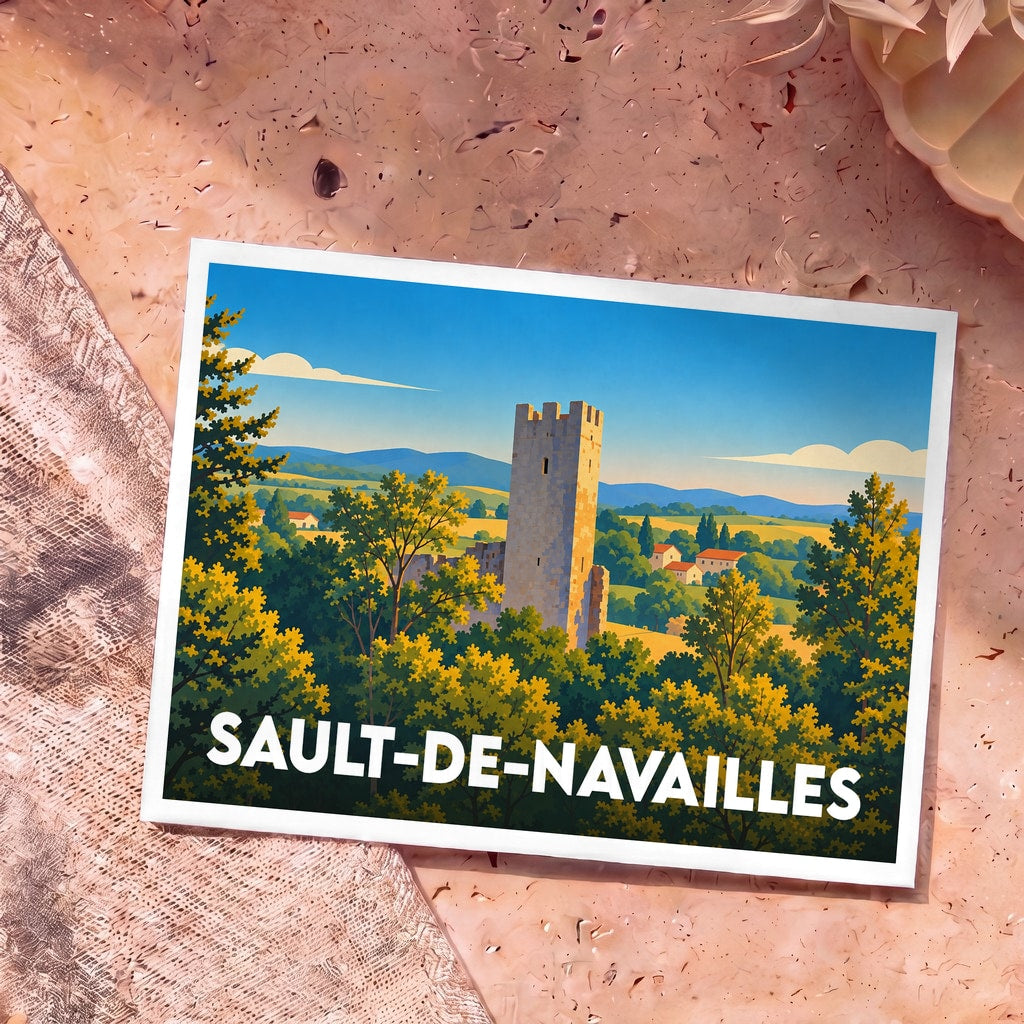 Carte postale souvenir de la ville de Sault-de-Navailles avec une illustration stylisée d'une tour médiévale.