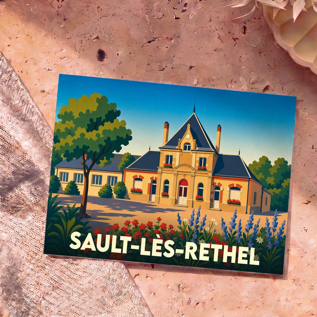 Carte postale souvenir de la ville de Sault-lès-Rethel avec une illustration stylisée.