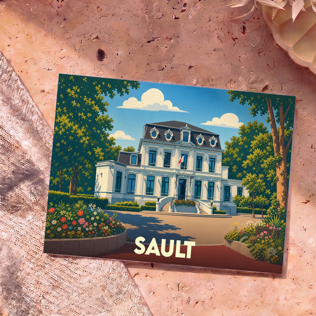 Carte postale souvenir de la ville de Sault avec une illustration stylisée d'un élégant bâtiment français entouré de jardins.