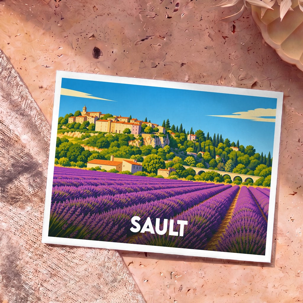 Carte postale souvenir de la ville de Sault avec une illustration stylisée d'un élégant bâtiment français entouré de jardins.