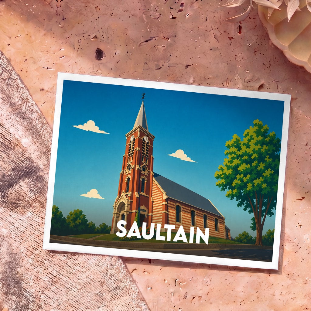 Carte postale souvenir de la ville de Saultain illustrant son église dans un style graphique épuré.