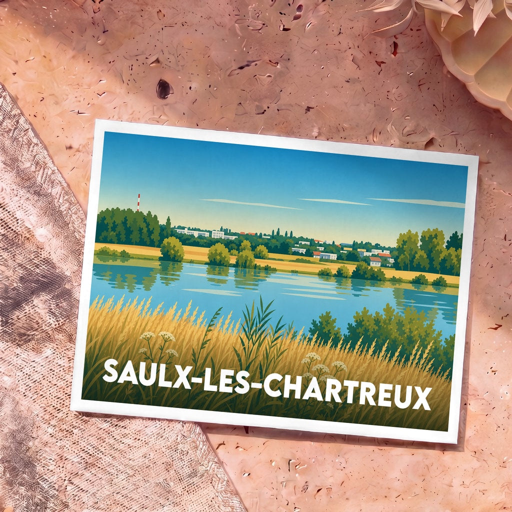Carte postale souvenir de la ville de Saulx-les-Chartreux illustrant un paysage de bord de rivière stylisé.