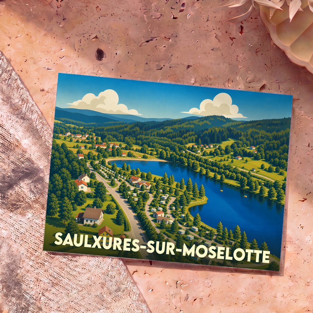 Carte postale souvenir de la ville de Saulxures-sur-Moselotte avec une illustration stylisée d'un lac entouré de montagnes et de forêts.