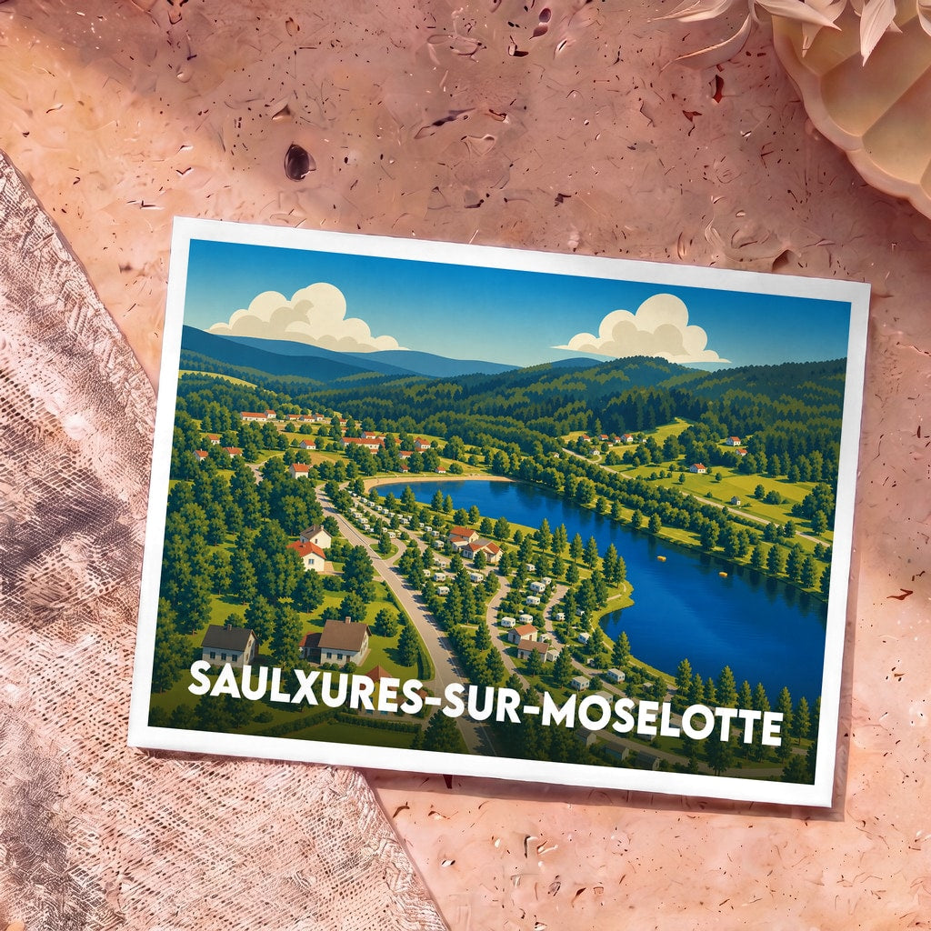 Carte postale souvenir de la ville de Saulxures-sur-Moselotte avec une illustration stylisée d'un lac entouré de montagnes et de forêts.