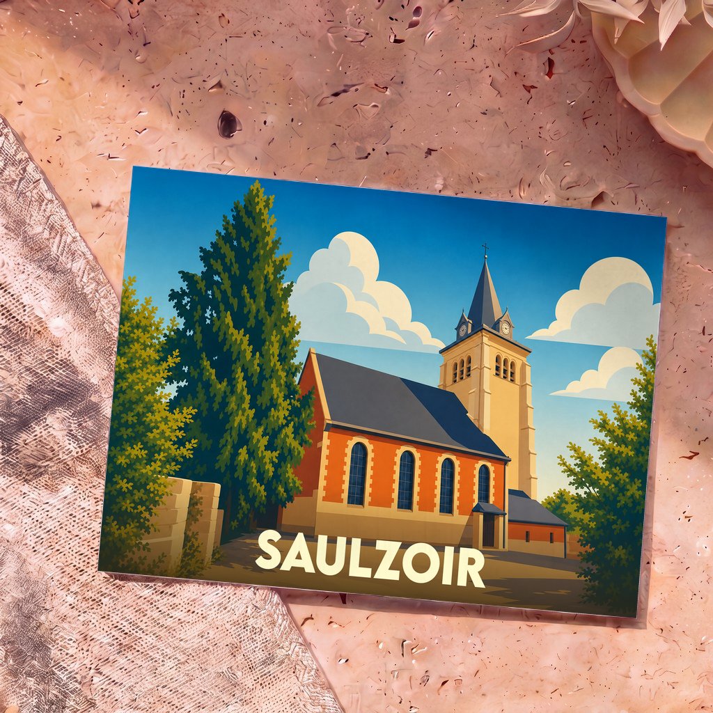 Carte postale souvenir de la ville de Saulzoir avec une illustration stylisée de son église.