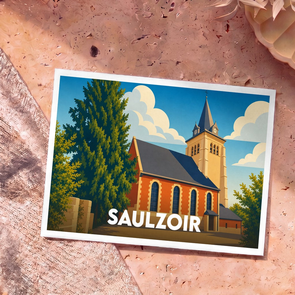 Carte postale souvenir de la ville de Saulzoir avec une illustration stylisée de son église.