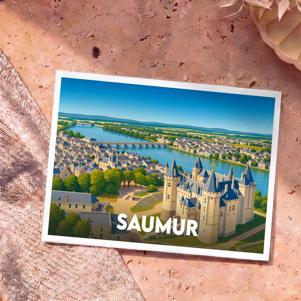 Carte postale souvenir de la ville de Saumur illustrant son château et la Loire dans un style graphique épuré.