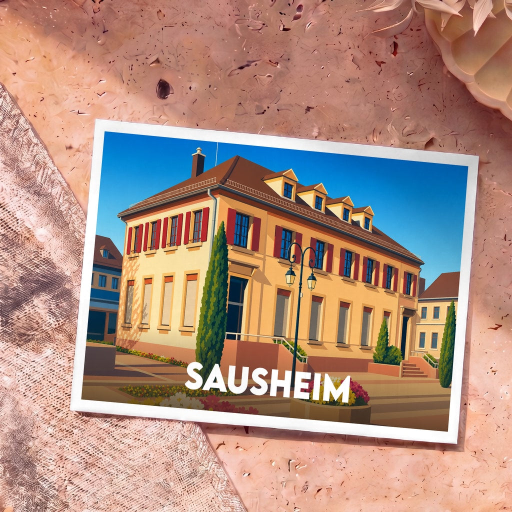 Carte postale souvenir de la ville de Sausheim avec une illustration stylisée de l'hôtel de ville.