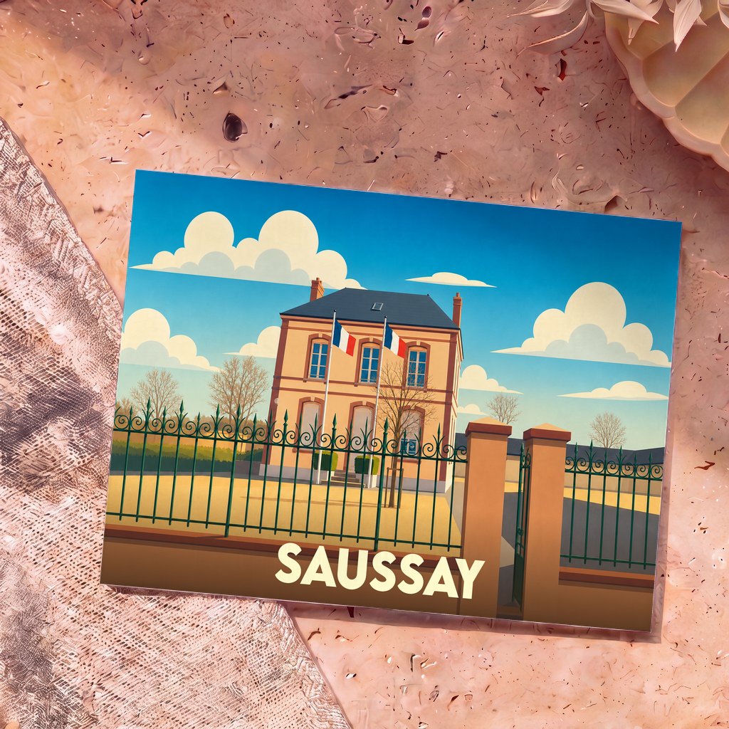 Carte postale souvenir de la ville de Saussay avec une illustration stylisée de sa mairie.