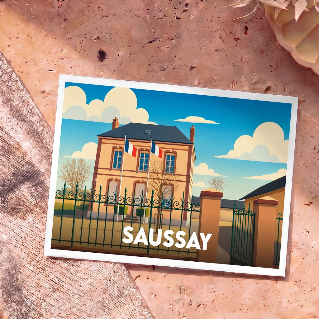 Carte postale souvenir de la ville de Saussay avec une illustration stylisée de sa mairie.