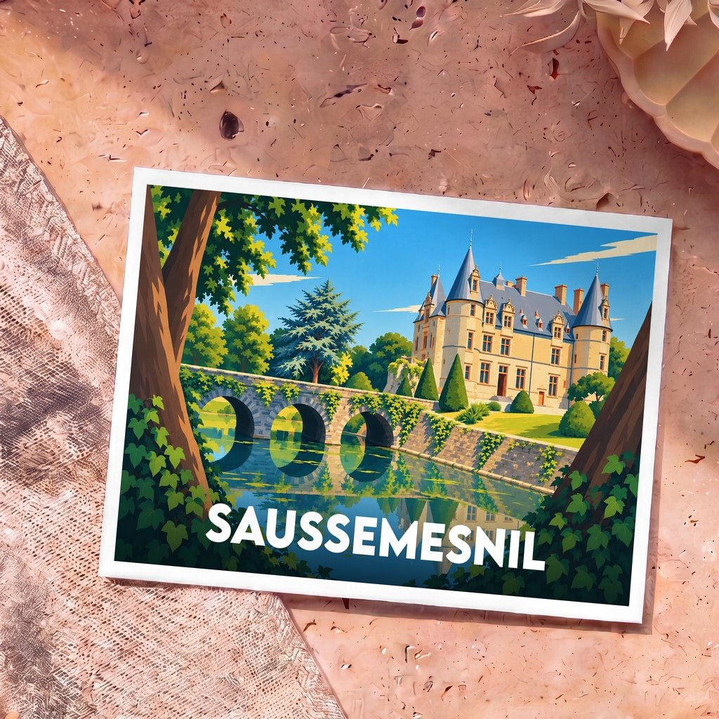 Carte postale souvenir de la ville de Saussemesnil avec une illustration stylisée d'un château et d'un pont.