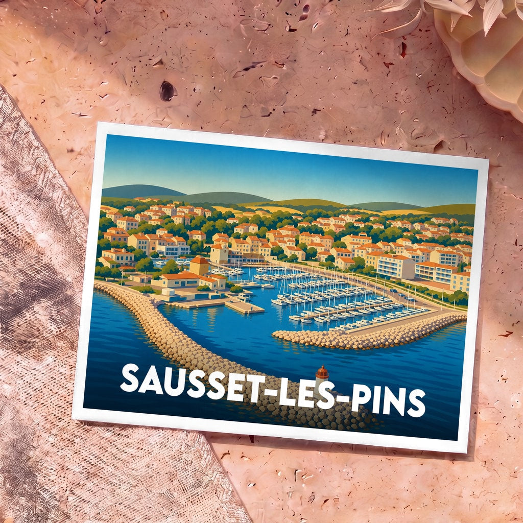 Carte postale souvenir de la ville de Sausset-les-Pins avec une illustration stylisée de son port de plaisance.