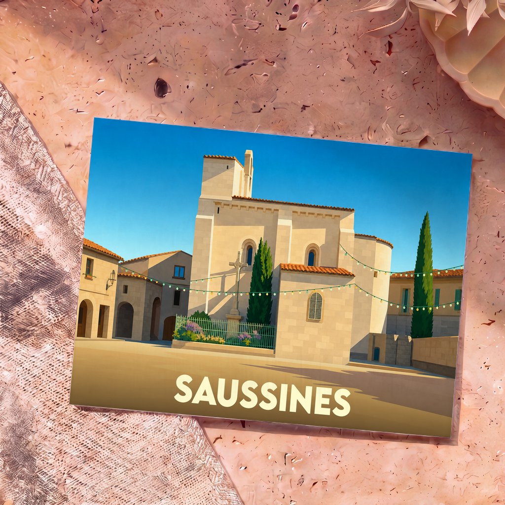 Carte postale souvenir de la ville de Saussines avec une illustration stylisée de son église romane sous un ciel bleu.