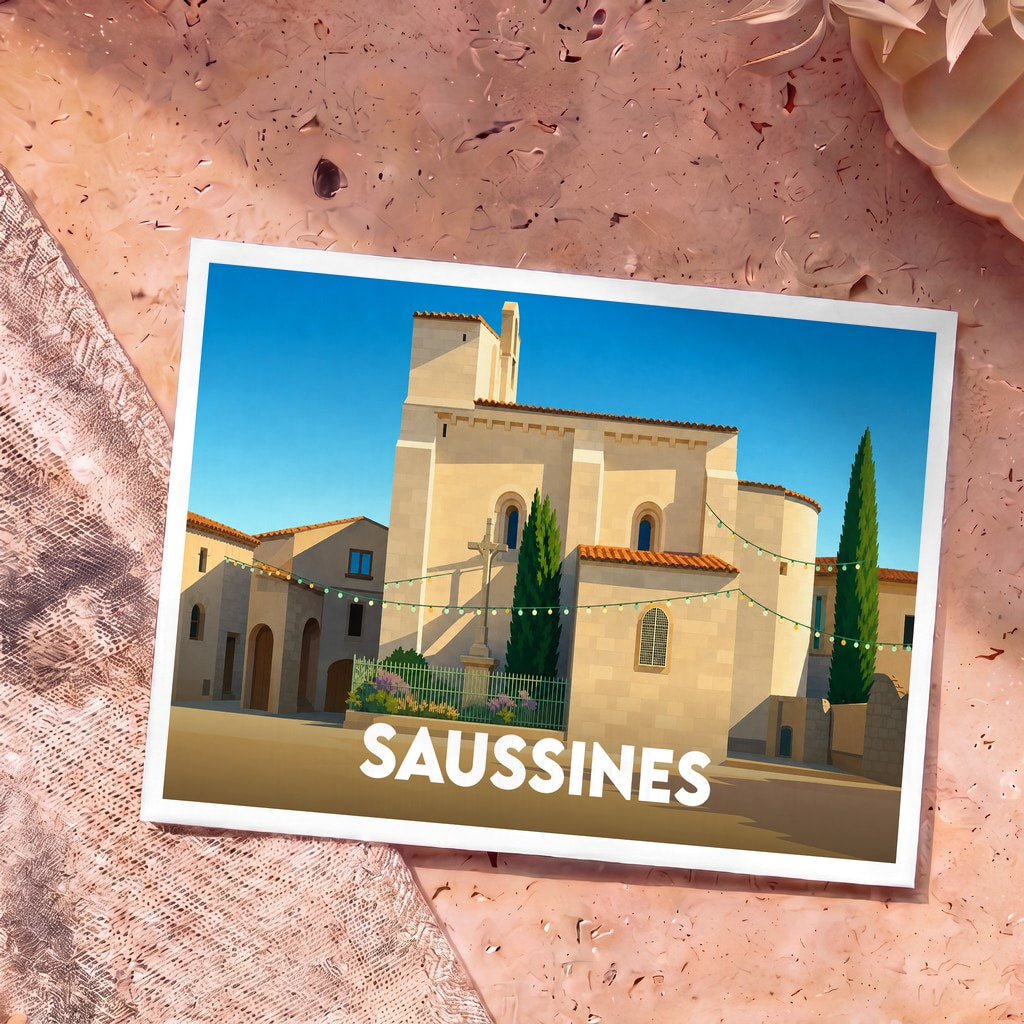 Carte postale souvenir de la ville de Saussines avec une illustration stylisée de son église romane sous un ciel bleu.