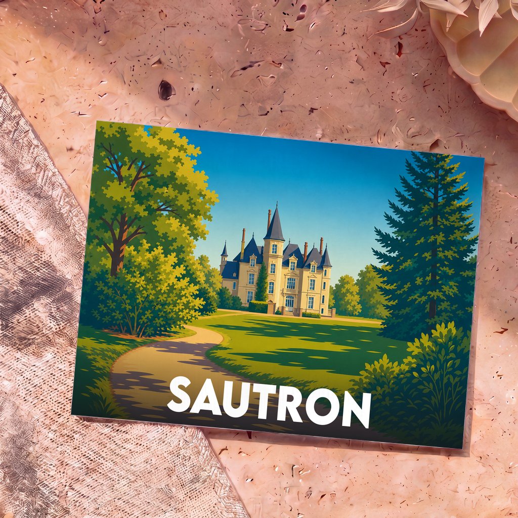 Carte postale souvenir de la ville de Sautron illustrant un château entouré de verdure dans un style graphique épuré.