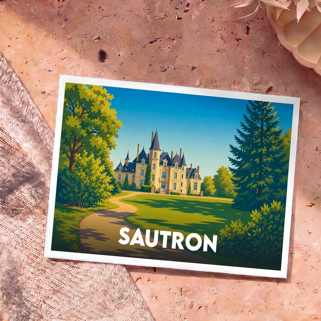 Carte postale souvenir de la ville de Sautron illustrant un château entouré de verdure dans un style graphique épuré.