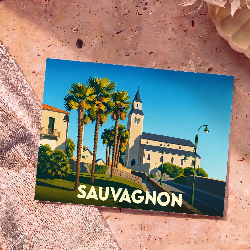 Carte postale souvenir de la ville de Sauvagnon avec une illustration stylisée montrant son église et des palmiers.
