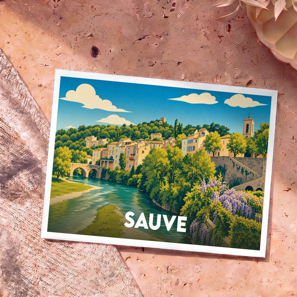 Carte postale souvenir de la ville de Sauve illustrant son pont médiéval et ses maisons au bord de l'eau dans un style graphique coloré.