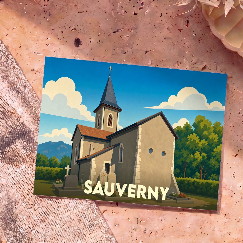 Carte postale souvenir de la ville de Sauverny avec une illustration stylisée d'une église et son cimetière.