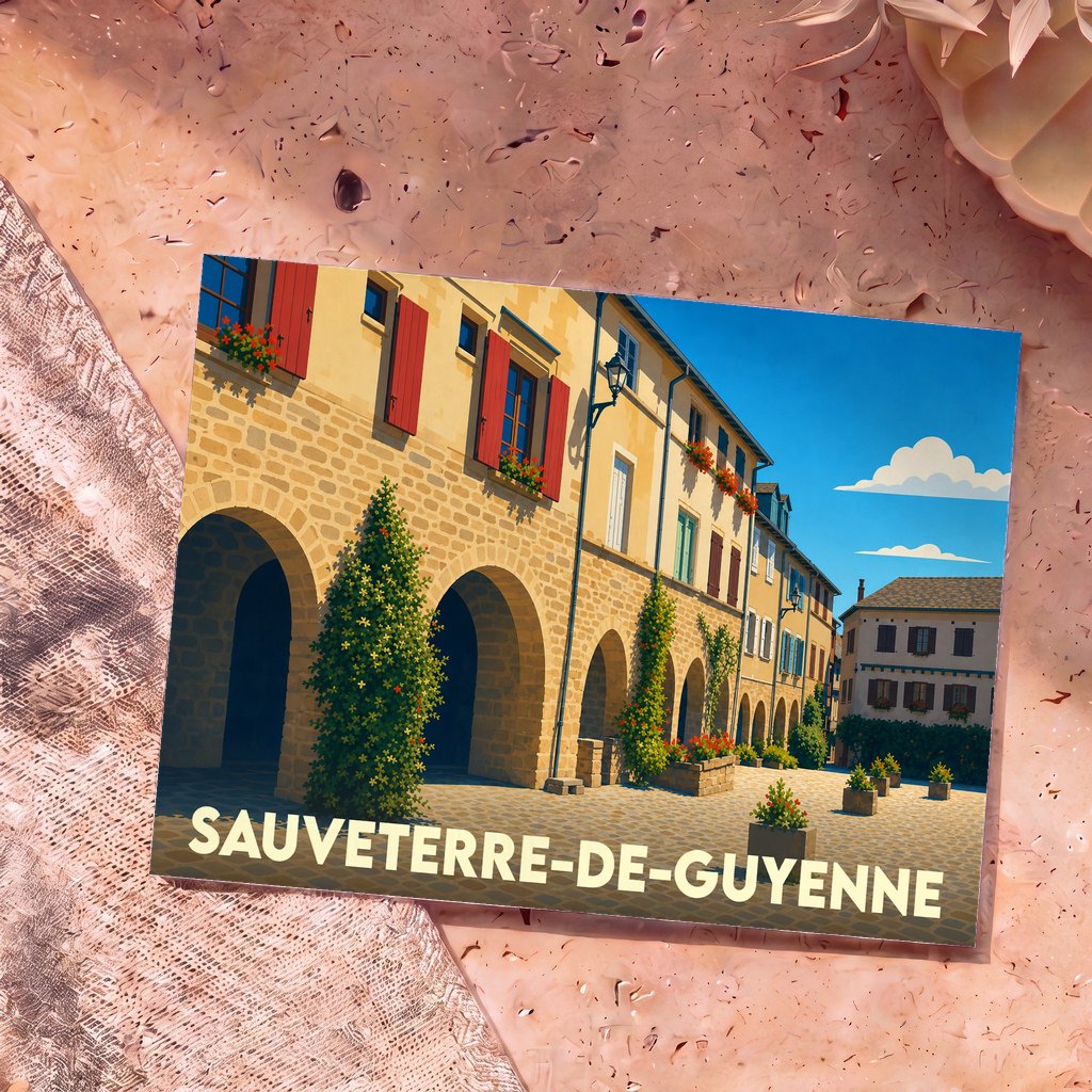 Carte postale souvenir de la ville de Sauveterre-de-Guyenne avec une illustration stylisée d'une place aux arcades fleuries.