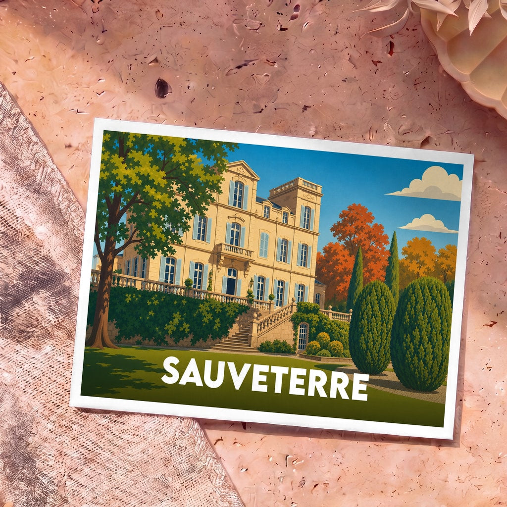 Carte postale souvenir de la ville de Sauveterre avec une illustration stylisée de son château et de ses jardins.