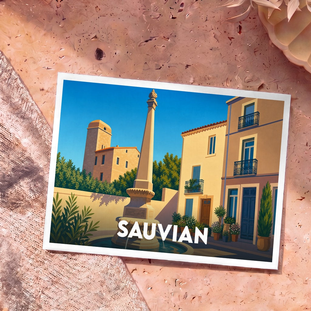 Carte postale souvenir de la ville de Sauvian avec une illustration stylisée de sa fontaine et de son architecture.