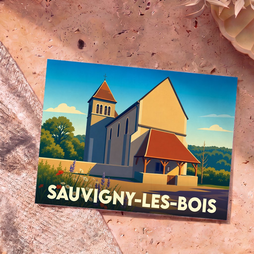 Carte postale souvenir de Sauvigny-les-Bois illustrant l'église du village dans un style graphique épuré.
