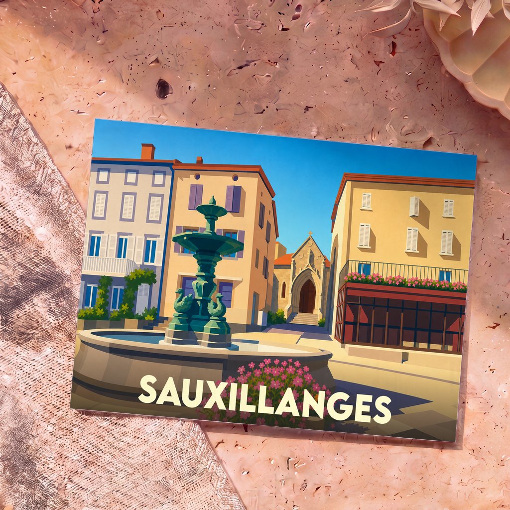 Carte postale souvenir de la ville de Sauxillanges avec une illustration stylisée de sa place, sa fontaine et son église.
