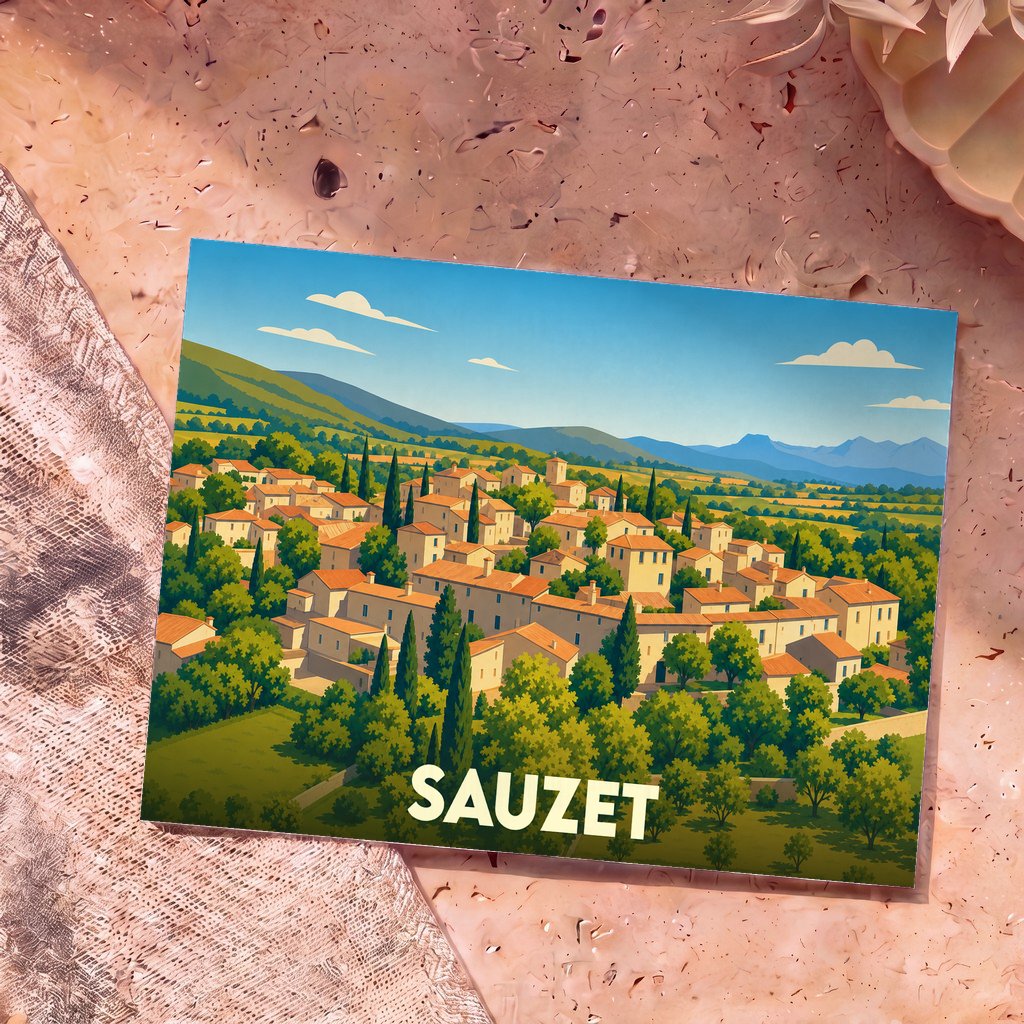 Carte postale souvenir de la ville de Sauzet avec une illustration stylisée d'un village provençal niché dans une vallée verdoyante.