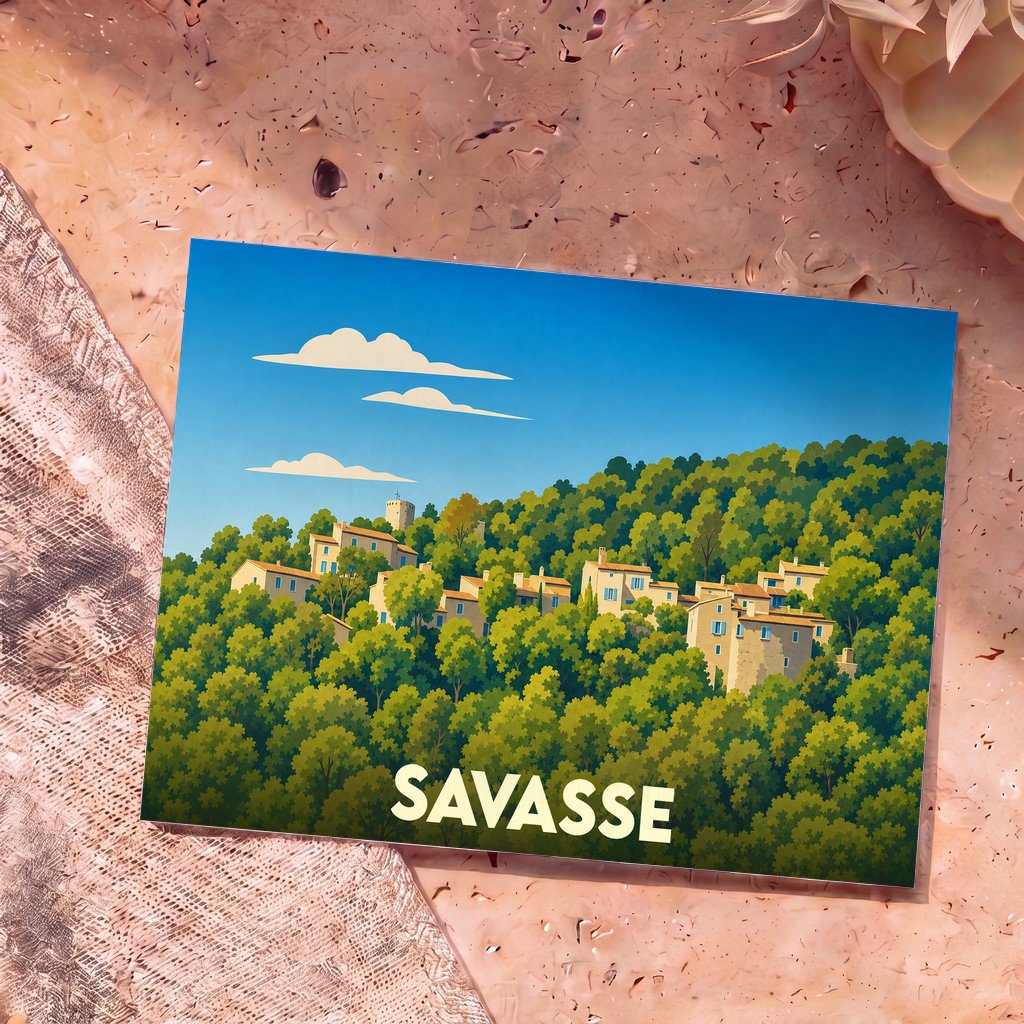 Carte postale souvenir de la ville de Savasse illustrant un village perché au cœur d'une forêt verdoyante sous un ciel azur.