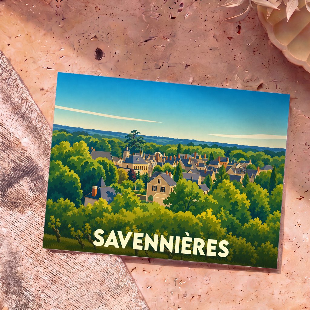 Carte postale souvenir de la ville de Savennières avec une illustration stylisée et colorée du village niché dans la verdure.